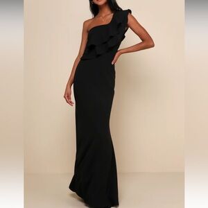 Lulus - Grand Beauty Black Ruffled One-Shoulder Mermaid Maxi Dress - XS